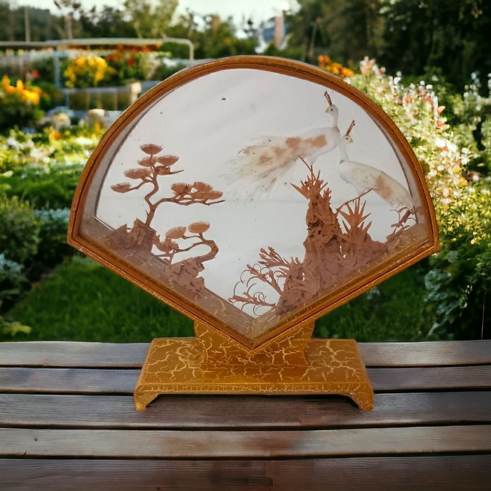 Asian Cork Peacocks Diorama Shadow Box Sculpture Hand Carved Gold Tone Frame Vtg
